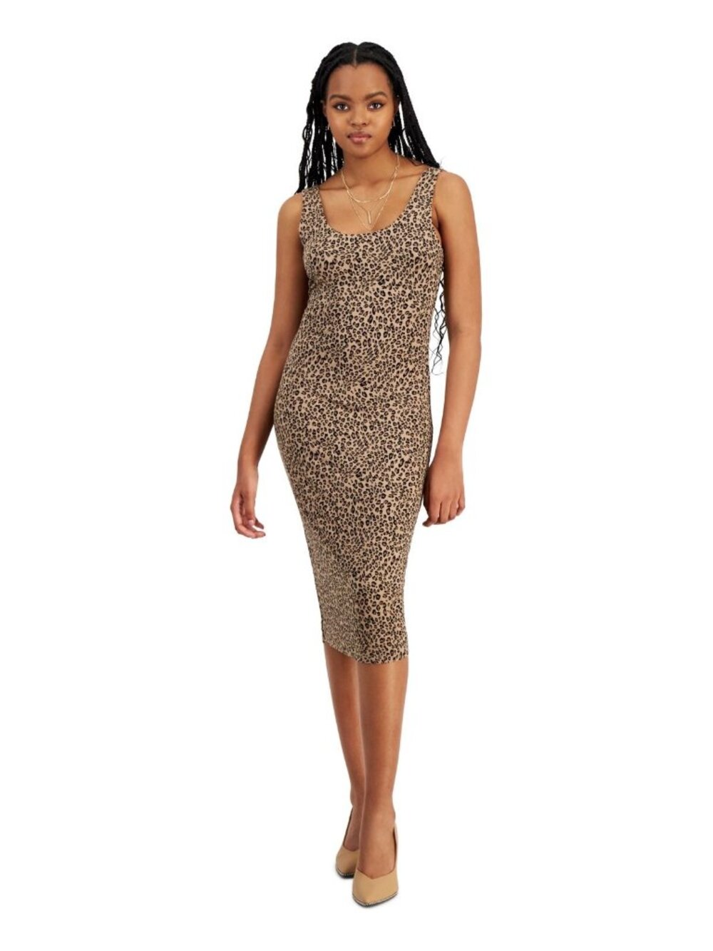 Bar III Womens Petite Cheetah-Print Bodycon Midi Dress Brown Size XS NWT